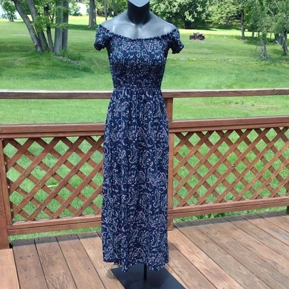 Lark + Grey Navy Blue Off Shoulder Maxi Dress with Paisley Print Size Large